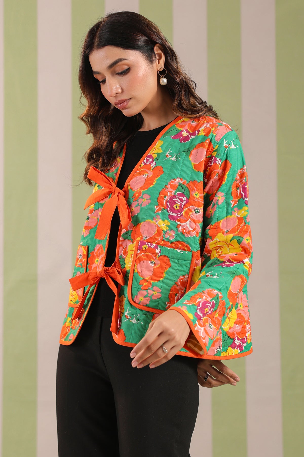 Green Floral Printed Free-Size Quilted Cotton Jacket