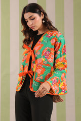 Green Floral Printed Free-Size Quilted Cotton Jacket