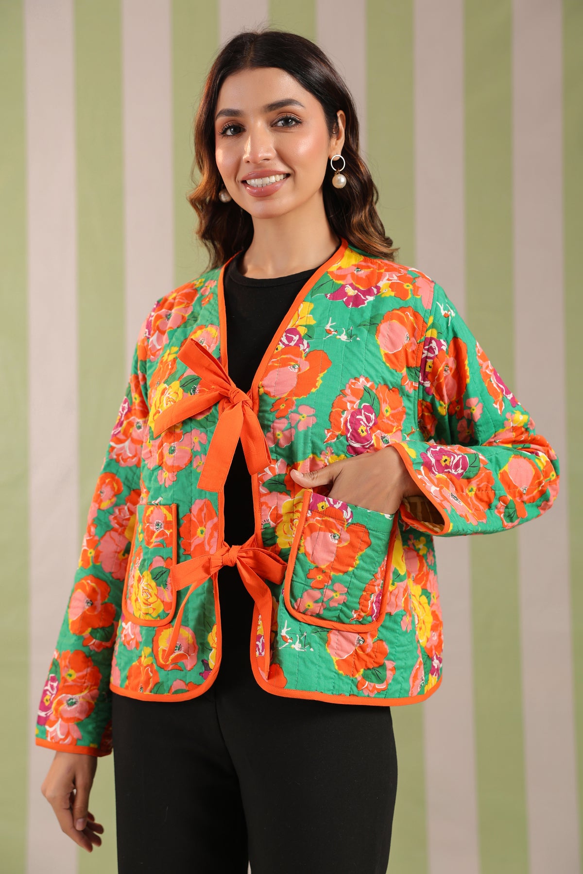 Green Floral Printed Free-Size Quilted Cotton Jacket