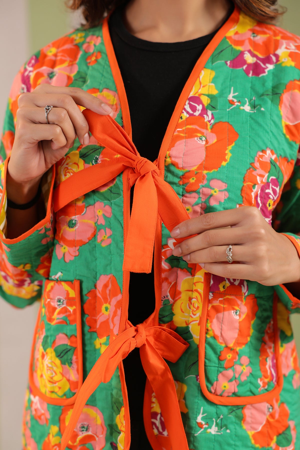 Green Floral Printed Free-Size Quilted Cotton Jacket