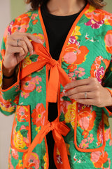 Green Floral Printed Free-Size Quilted Cotton Jacket