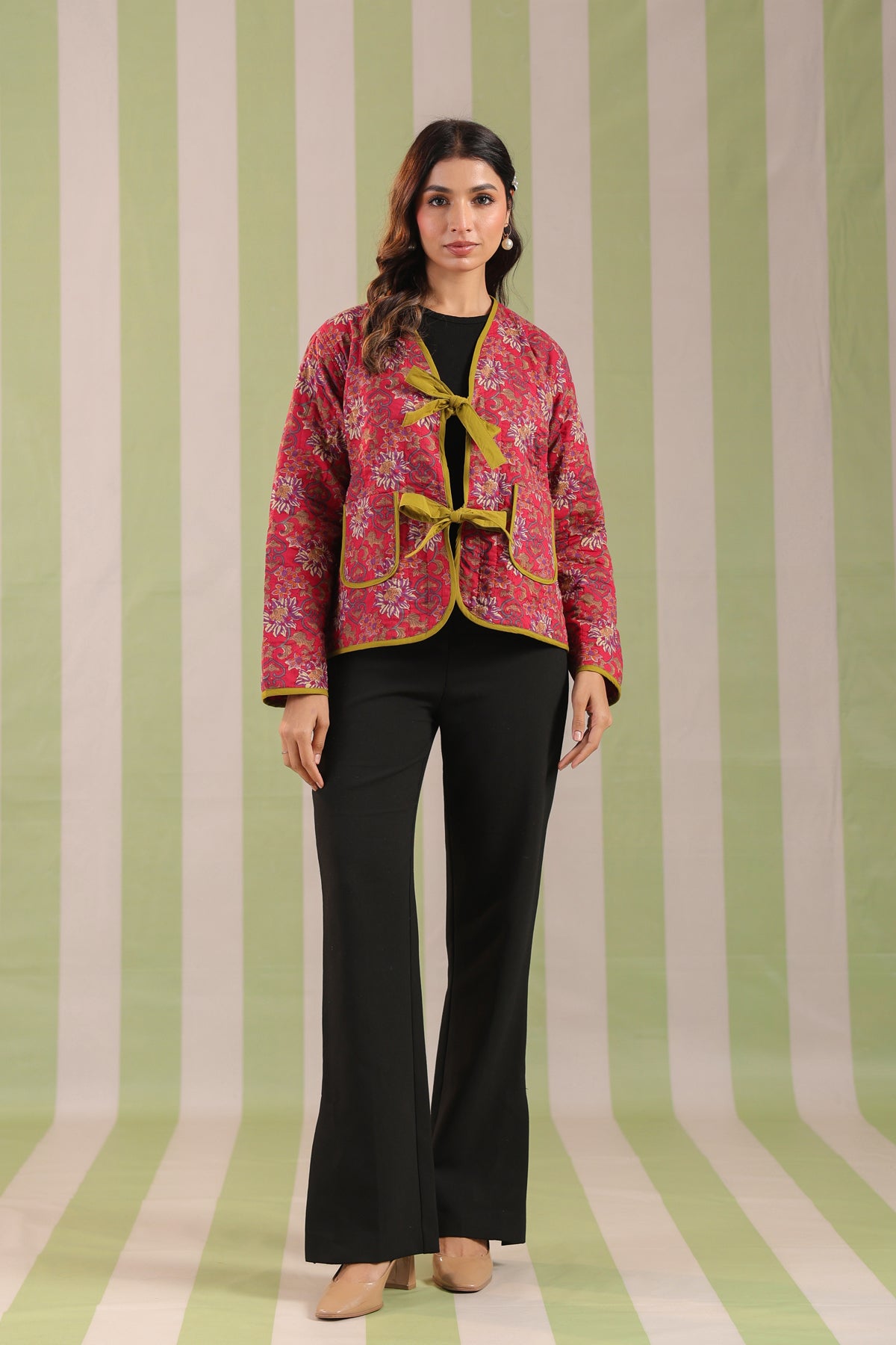 Pink Floral Printed Free-Size Quilted Cotton Jacket