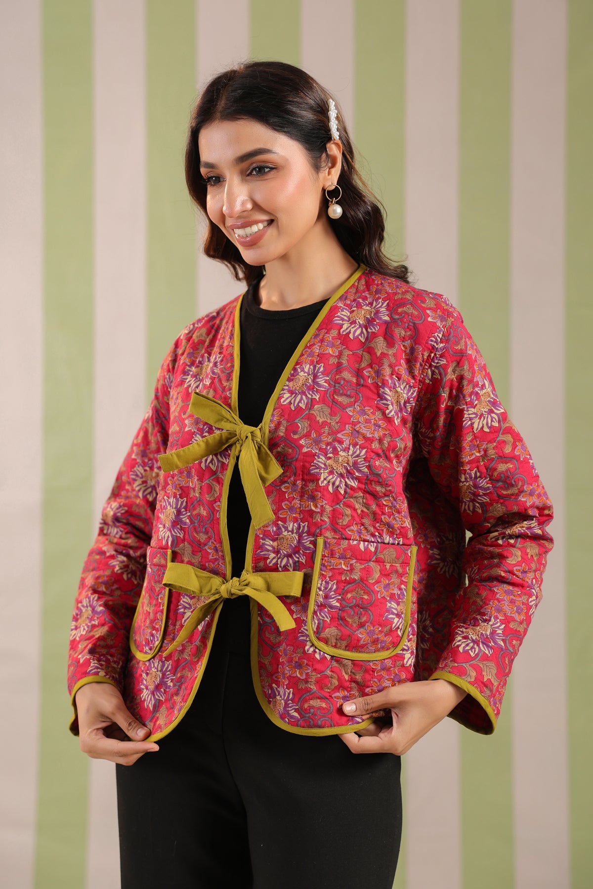 Pink Floral Printed Free-Size Quilted Cotton Jacket