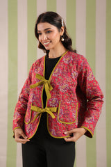 Pink Floral Printed Free-Size Quilted Cotton Jacket