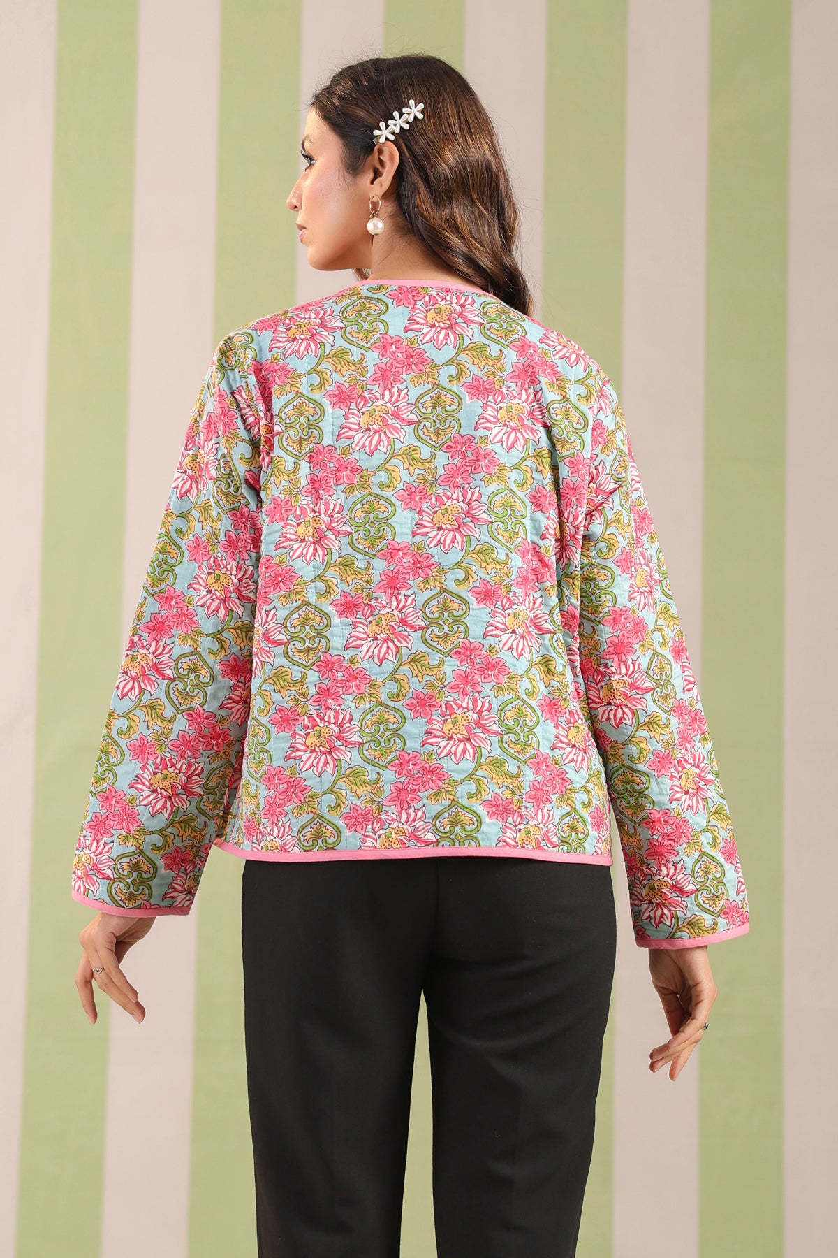 Ice-Blue Printed Free-Size Quilted Cotton Jacket