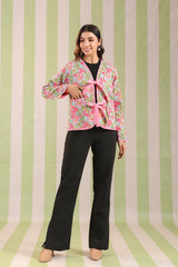 Ice-Blue Printed Free-Size Quilted Cotton Jacket