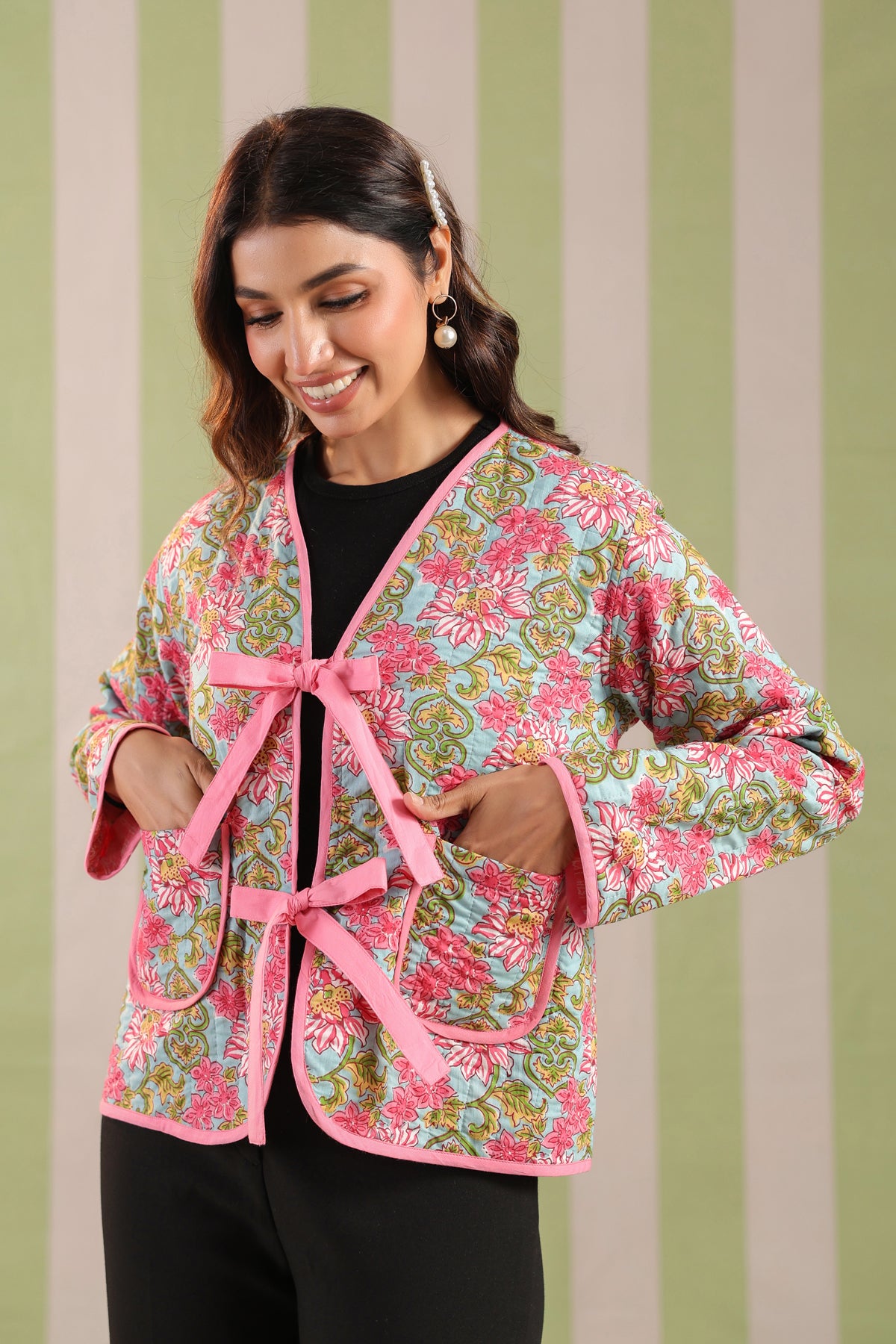 Ice-Blue Printed Free-Size Quilted Cotton Jacket