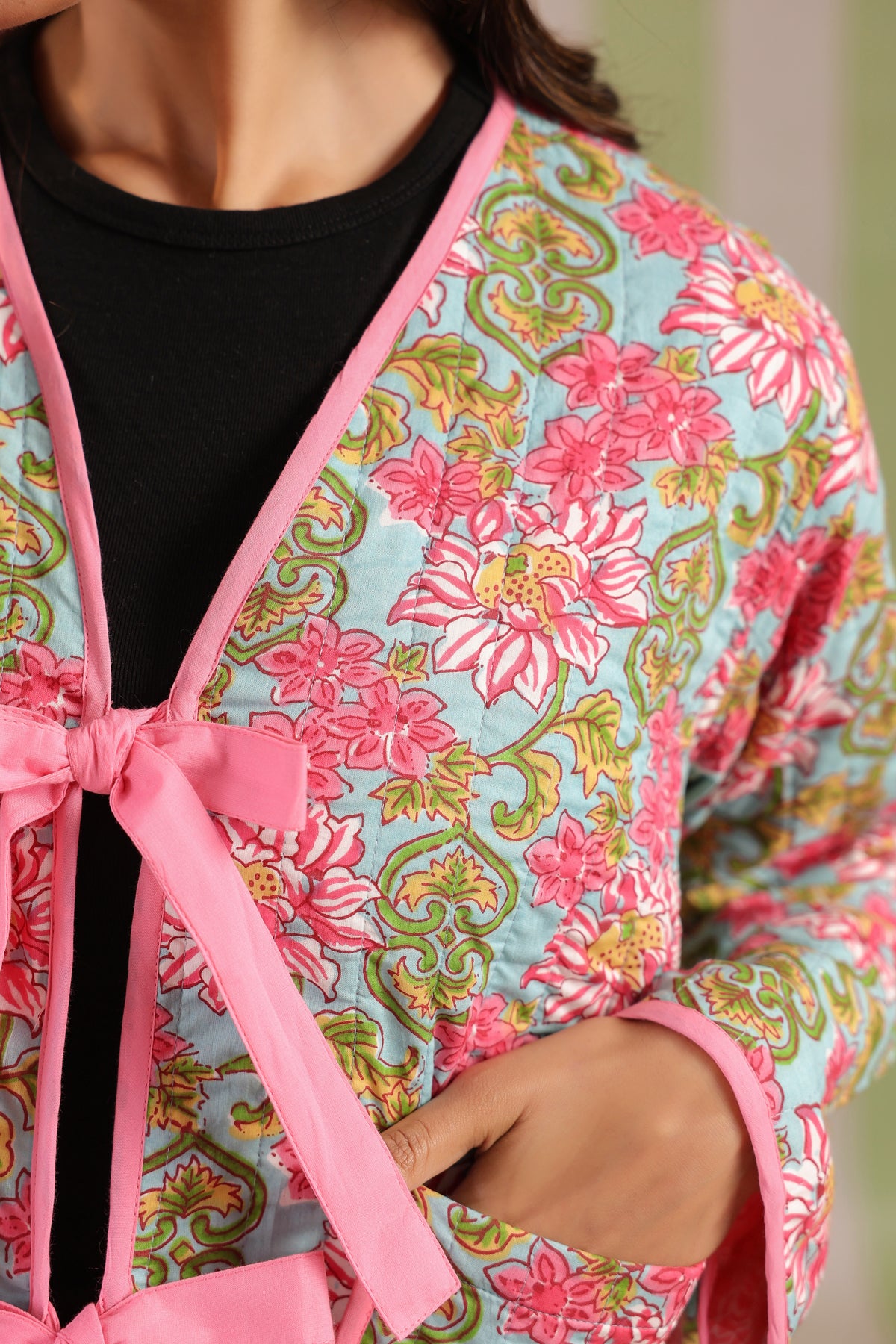 Ice-Blue Printed Free-Size Quilted Cotton Jacket