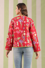 Christmas Red Printed Free-Size Quilted Cotton Jacket