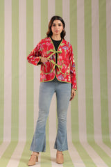 Christmas Red Printed Free-Size Quilted Cotton Jacket