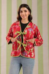 Christmas Red Printed Free-Size Quilted Cotton Jacket