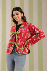 Christmas Red Printed Free-Size Quilted Cotton Jacket