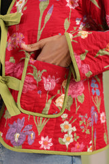 Christmas Red Printed Free-Size Quilted Cotton Jacket