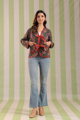 Navy Blue Floral Printed Free-Size Quilted Cotton Jacket