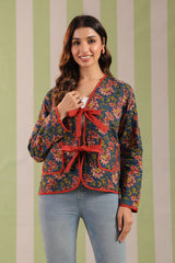Navy Blue Floral Printed Free-Size Quilted Cotton Jacket