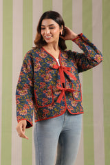 Navy Blue Floral Printed Free-Size Quilted Cotton Jacket