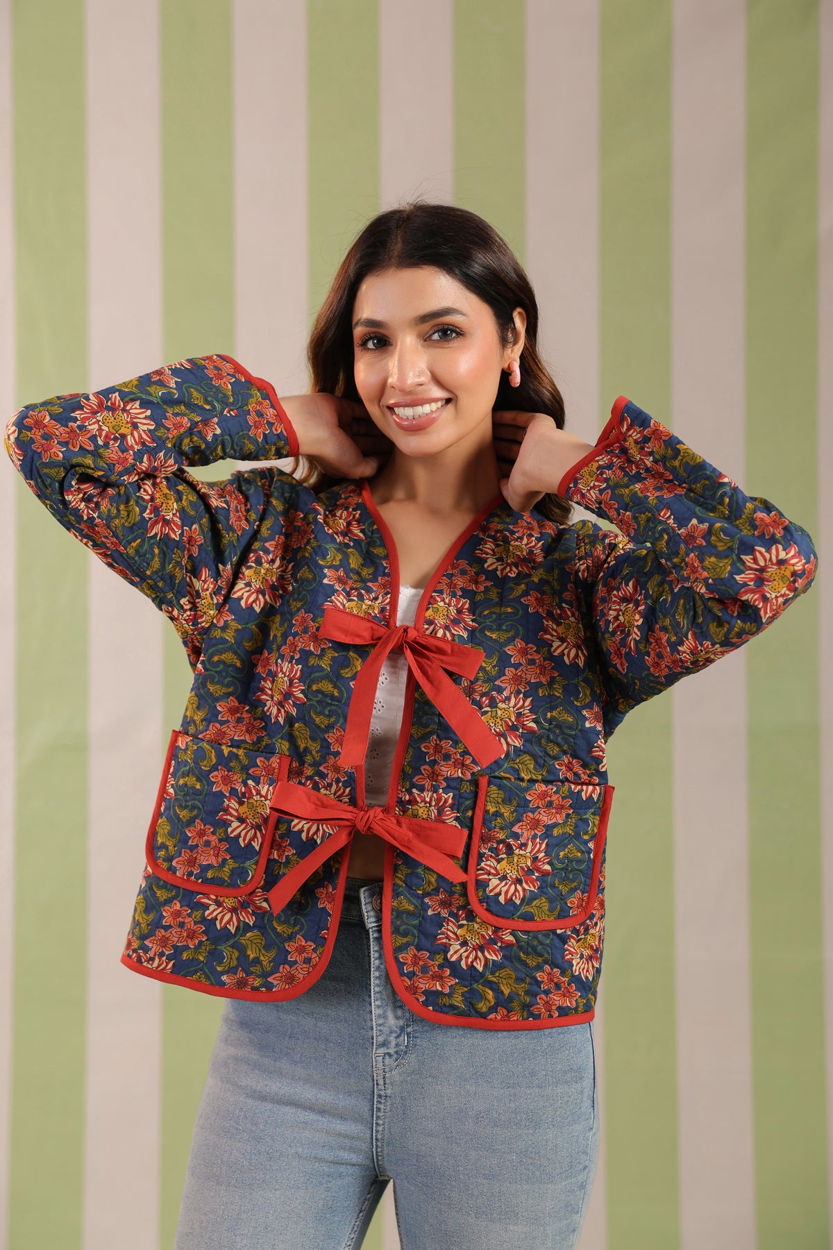 Navy Blue Floral Printed Free-Size Quilted Cotton Jacket