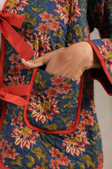 Navy Blue Floral Printed Free-Size Quilted Cotton Jacket