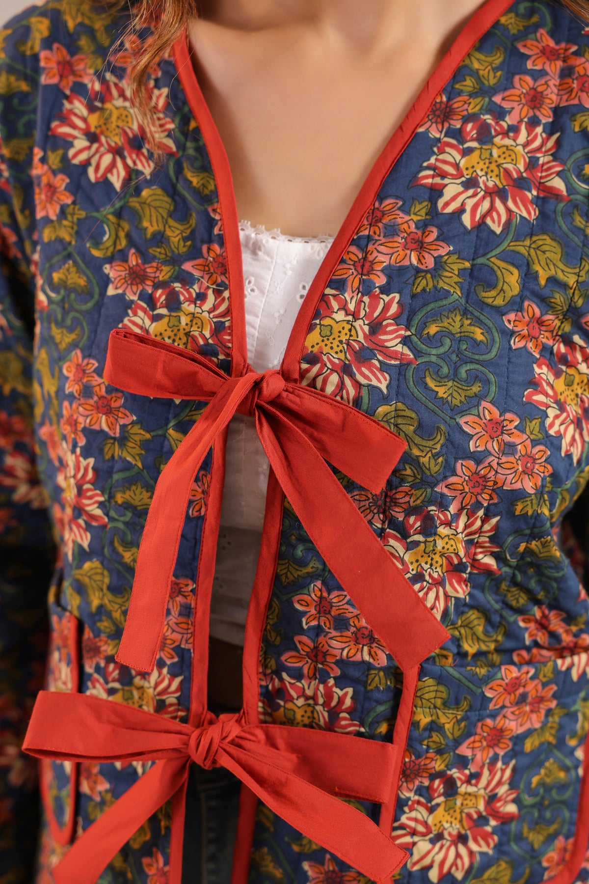 Navy Blue Floral Printed Free-Size Quilted Cotton Jacket