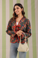Navy Blue Floral Printed Free-Size Quilted Cotton Jacket