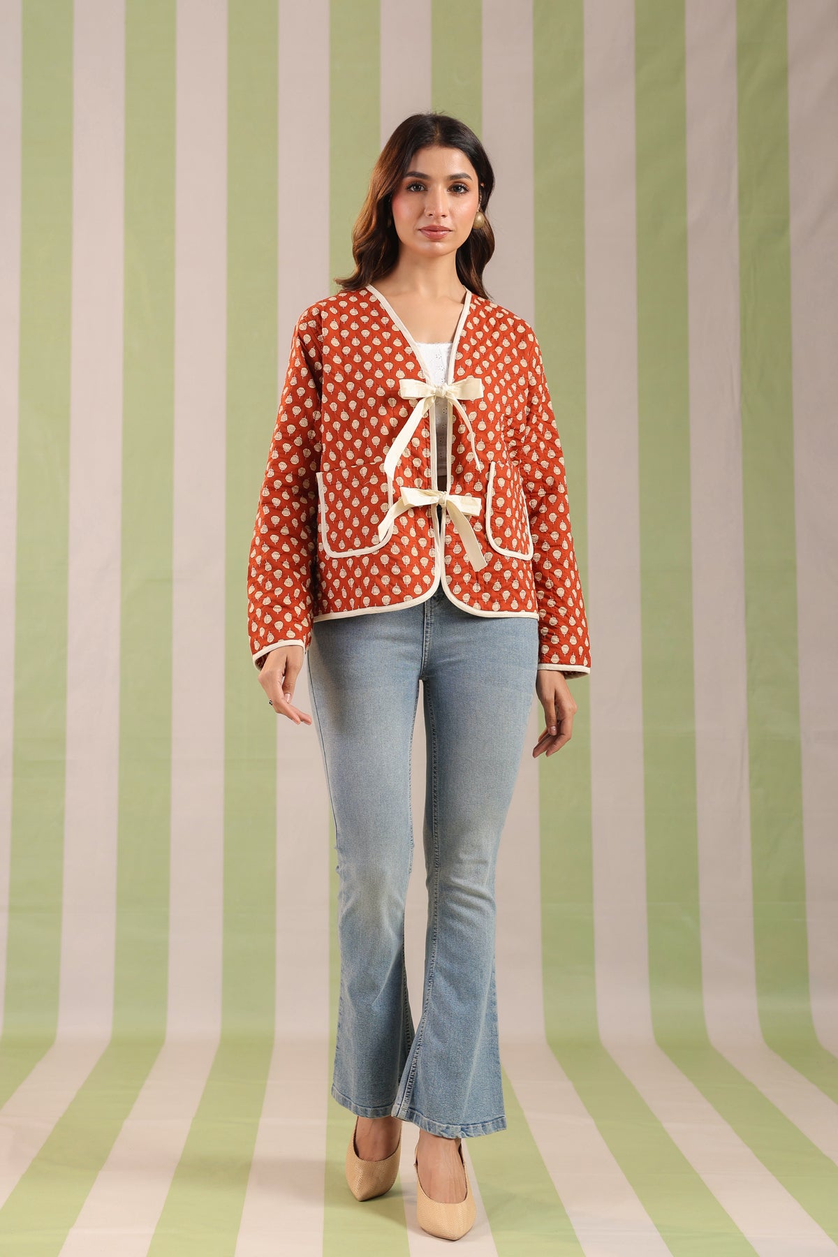 Mustard Booti Printed Free-Size Quilted Cotton Jacket