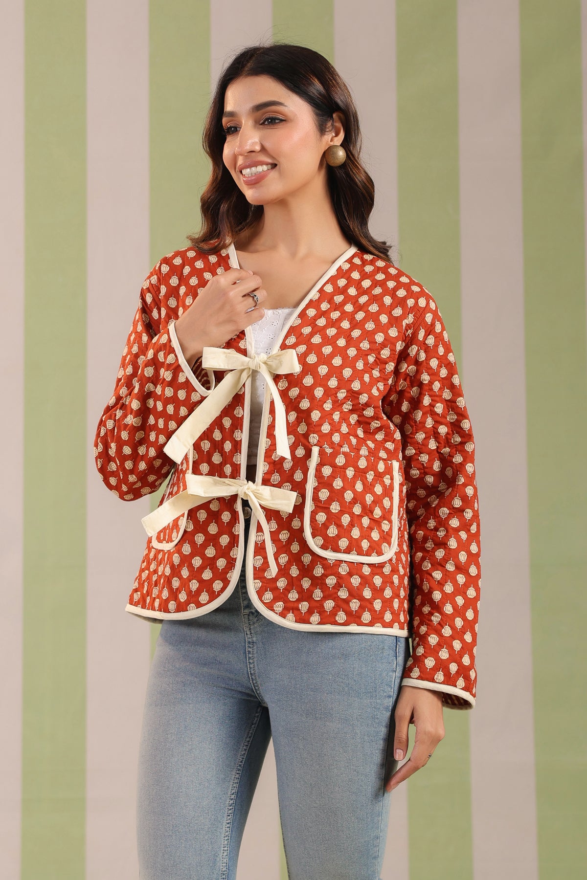 Mustard Booti Printed Free-Size Quilted Cotton Jacket