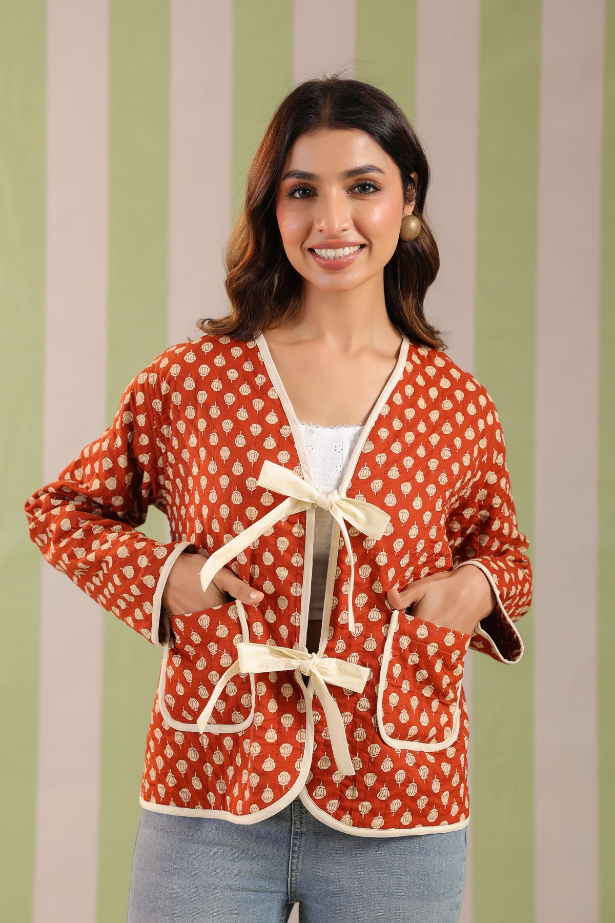 Mustard Booti Printed Free-Size Quilted Cotton Jacket