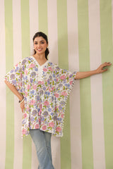 White Floral Printed One Size Kaftan