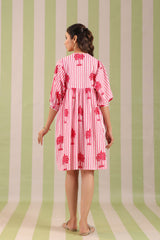 Pink Palm Printed Cotton Dress with Tie-up strings
