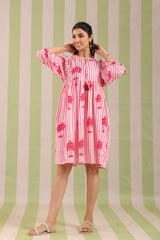 Pink Palm Printed Cotton Dress with Tie-up strings