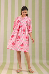 Pink Palm Printed Cotton Dress with Tie-up strings