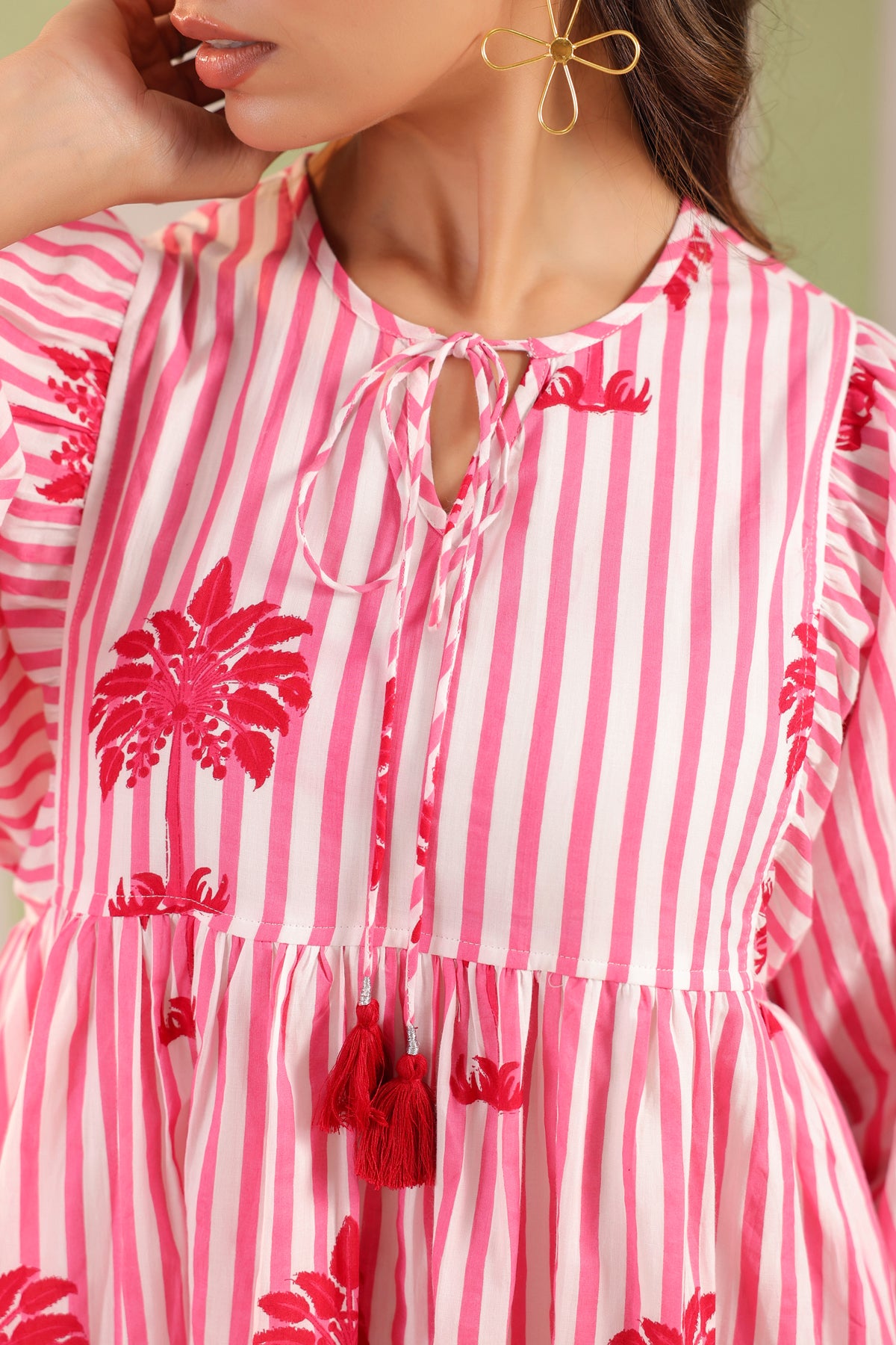 Pink Palm Printed Cotton Dress with Tie-up strings