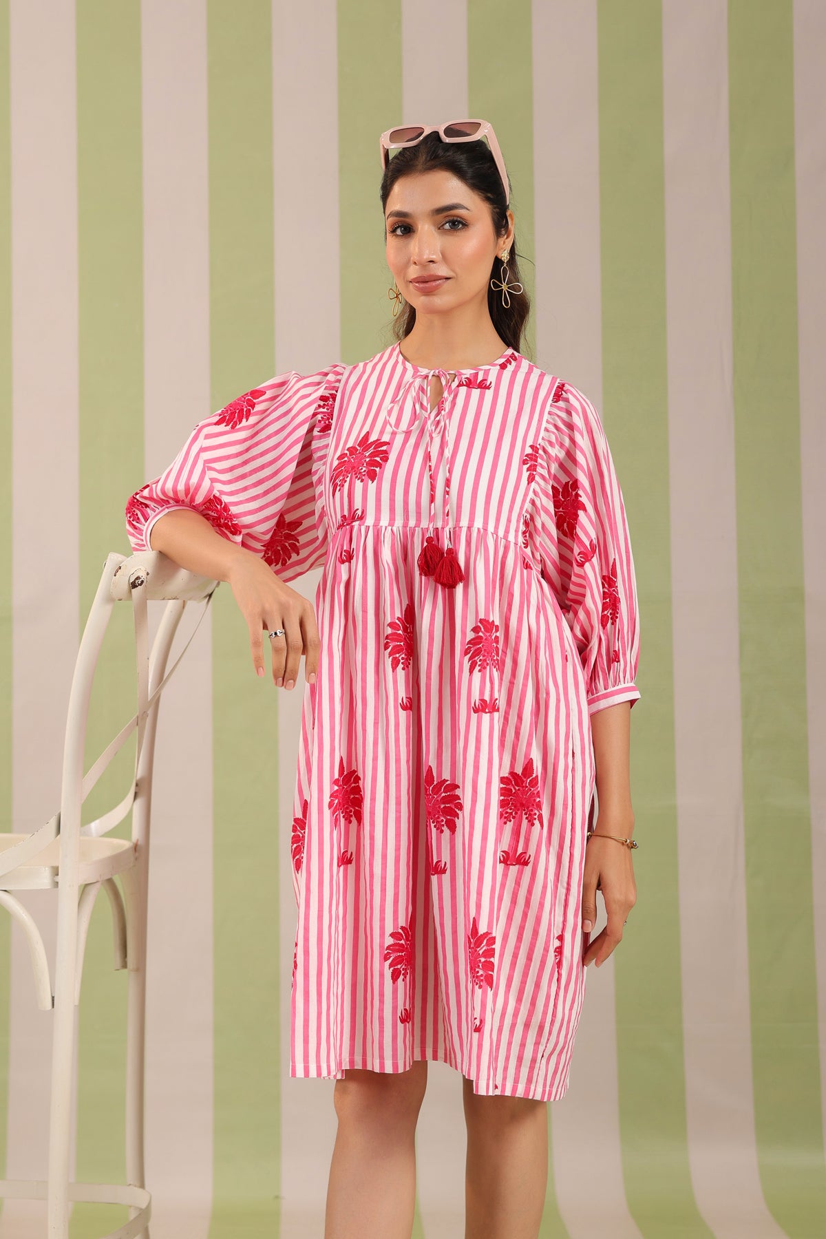 Pink Palm Printed Cotton Dress with Tie-up strings