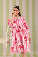 Pink Palm Printed Cotton Dress with Tie-up strings