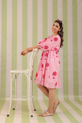 Pink Palm Printed Cotton Dress with Tie-up strings
