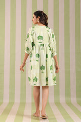 Green Palm Printed Cotton Dress with Tie-up strings