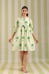 Green Palm Printed Cotton Dress with Tie-up strings