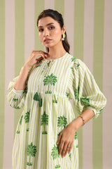 Green Palm Printed Cotton Dress with Tie-up strings