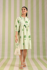 Green Palm Printed Cotton Dress with Tie-up strings