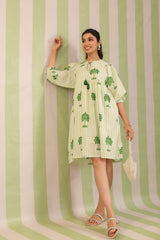 Green Palm Printed Cotton Dress with Tie-up strings