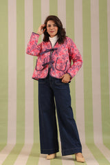 Light Pink Floral Free-Size Quilted Cotton Jacket