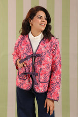 Light Pink Floral Free-Size Quilted Cotton Jacket
