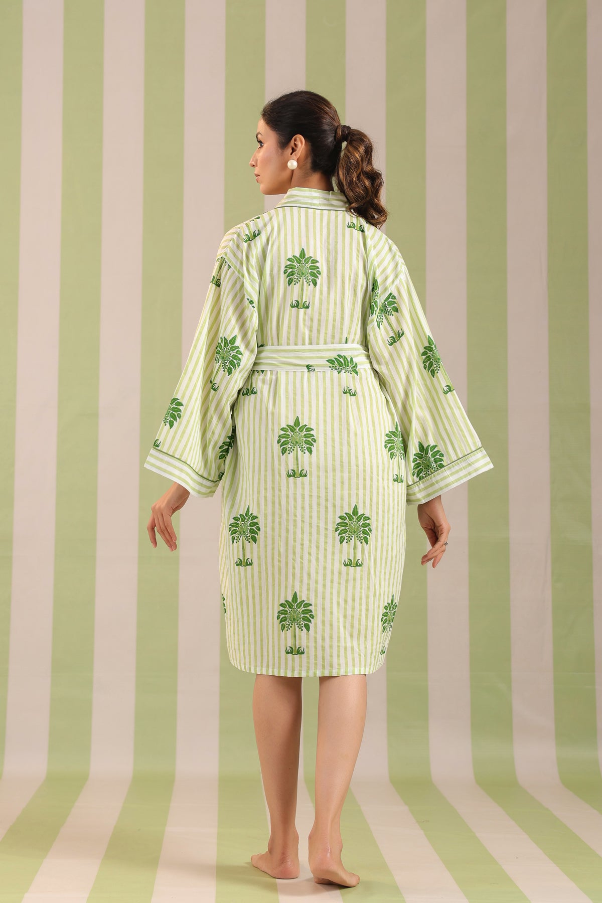 Green Palm Printed Cotton Robe with Belt and Pockets