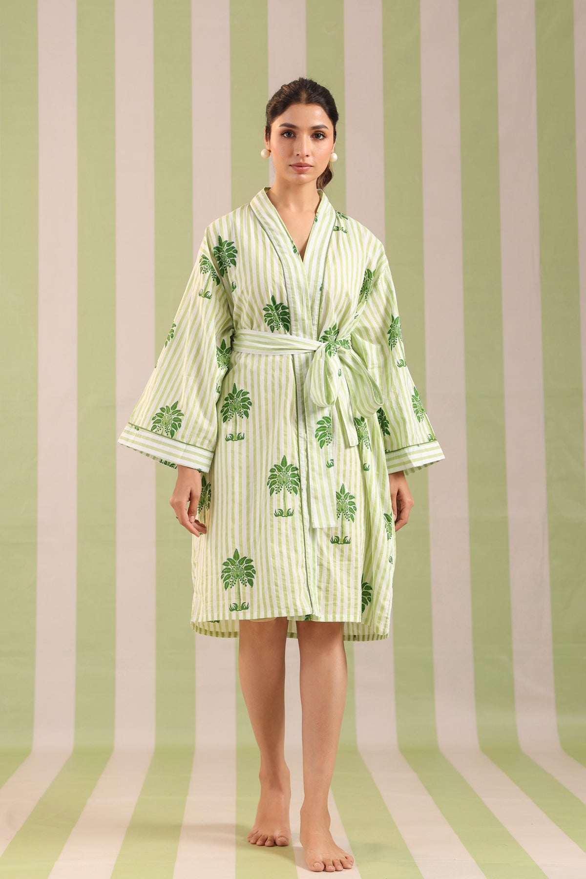Green Palm Printed Cotton Robe with Belt and Pockets