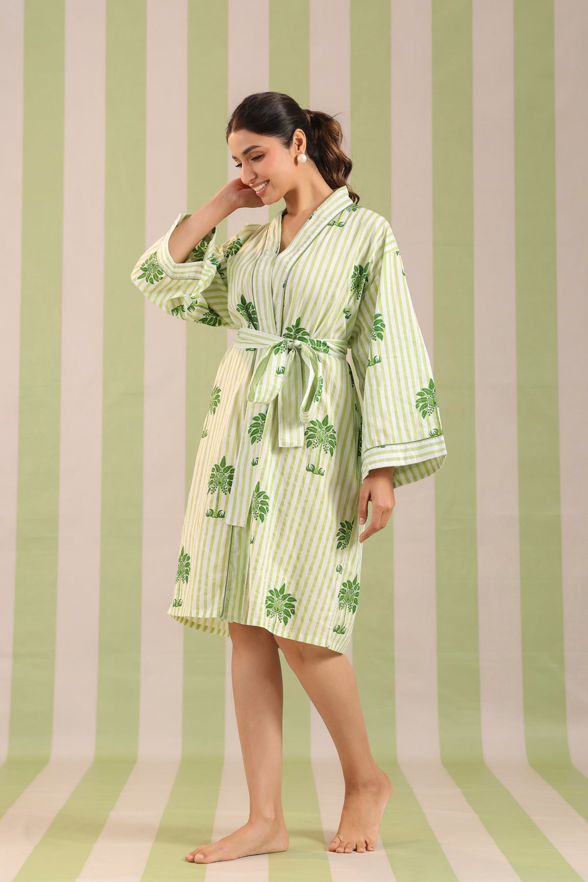 Green Palm Printed Cotton Robe with Belt and Pockets
