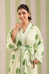 Green Palm Printed Cotton Robe with Belt and Pockets