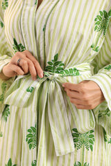 Green Palm Printed Cotton Robe with Belt and Pockets