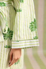 Green Palm Printed Cotton Robe with Belt and Pockets