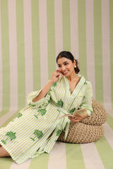 Green Palm Printed Cotton Robe with Belt and Pockets
