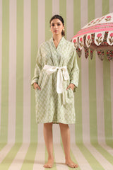 Sage Green Printed Cotton Robe with Belt and Pockets